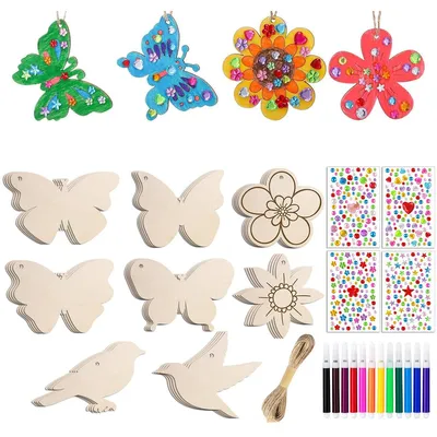 Produktbild von DIY Bastelset Kinder Holz 57-teilig, Kreativset zum Bemalen, fördert Motorik & Kreativität, mit Aquarell Stiften & Strass, Geschenk Mädchen