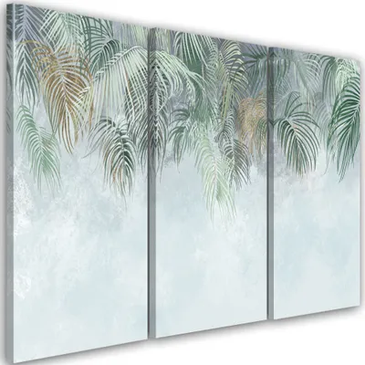 Produktbild von Triptychon auf leinwand palmenblätter 120x80 cm Feeby türkis wandbild bereit zum aufhängen