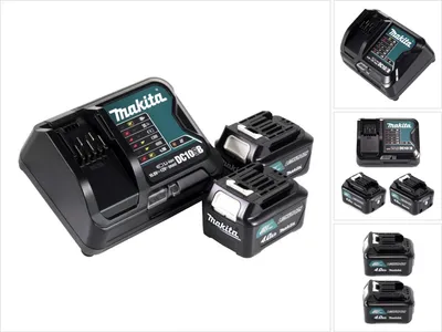 A Makita power source kit with a charger and two batteries is displayed against a white background.