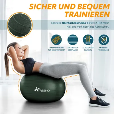 Produktbild von TRESKO Gymnastikball (Smaragdgrün, 65cm) mit Pumpe Fitnessball Yogaball Sitzball Sportball Pilates Ball Sportball