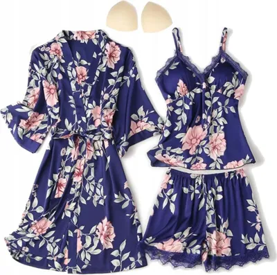 Produktbild von Nachthemd-Set - Pyjama - für Damen - 3-in-1-Set - Satin - Bademantel mit Nachthemd und Shorts - Blumenmuster - Einheitsgröße - DunkelBlau