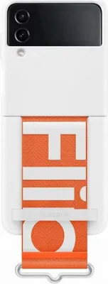 A white Samsung phone case with an orange strap is shown.