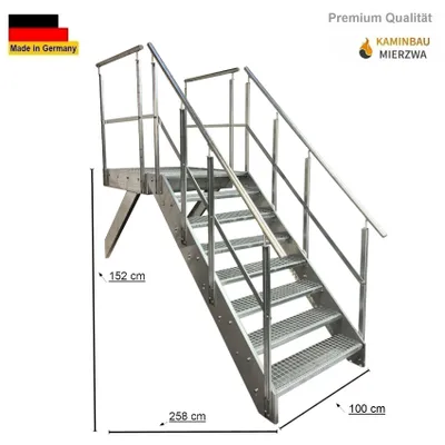 Immagine prodotto di Scala di piano scala in acciaio 8 gradini altezza 152cm compreso pianerottolo 100x100cm con ringhiera zincata Scala di allineamento anteriore (anteriore) scala esterna