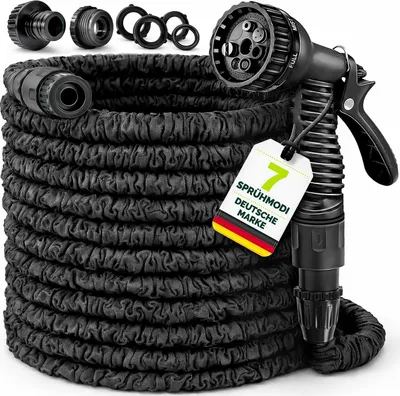 Produktbild von Dehnbarer Gartenschlauch 30 m Schwarz | flexibler Wasserschlauch mit 1/2" & 3/4" Adapter | 7 Modi Brause | knickfrei und platzsparend