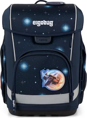A dark blue backpack with a space-themed design, featuring stars, planets, and a spaceship.
