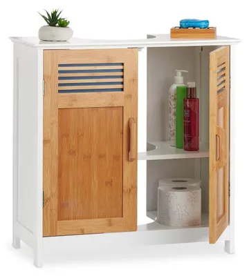 Immagine prodotto di Mobiletto sotto lavabo - Ante in bambù - Con foro per sifone - Naturale e bianco