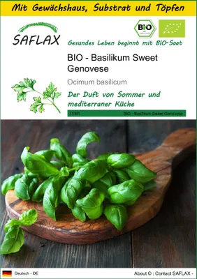 Produktbild von SAFLAX Anzucht Set - BIO - Basilikum Sweet Genovese - Ocimum basilicum - 800 Samen - Mit Mini-Gewächshaus, Anzuchtsubstrat und 2 Töpfen