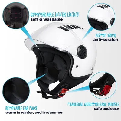 Zdjęcie produktu dla Kask motocyklowy typu jet z wizjerem, certyfikat ECE 22.06, kolor biały, przeznaczony dla kobiet i mężczyzn