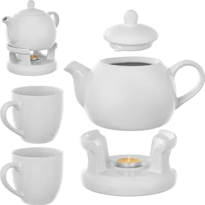 Image de KADAX Théière 1L avec réchaud et 2 tasses, Cafetière en porcelaine avec couvercle, poignée et réchaud à thé, Théière avec chauffe-plat pour thé, Service à thé (Blanc, Avec tasses)