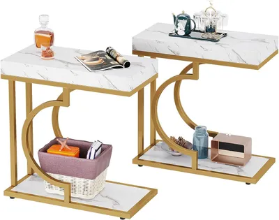 Productafbeelding van Set van 2 smalle C-vormige sidetables met marmerlook voor de bank