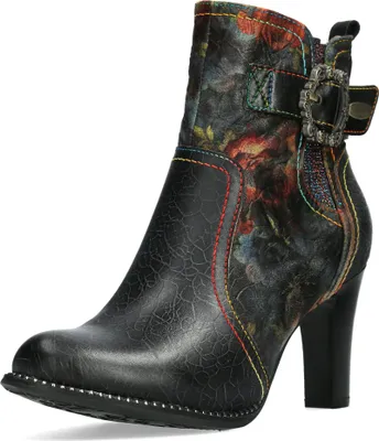 Produktbild von Laura Vita Damen Stiefelette mit Blumenmuster und floraler Schnalle Alcbaneo 265, Größe:38 EU, Farbe:Schwarz