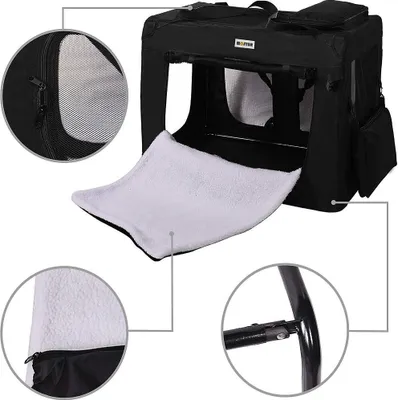 A black pet carrier with a white blanket inside, shown with close-up details of mesh windows and frame construction.