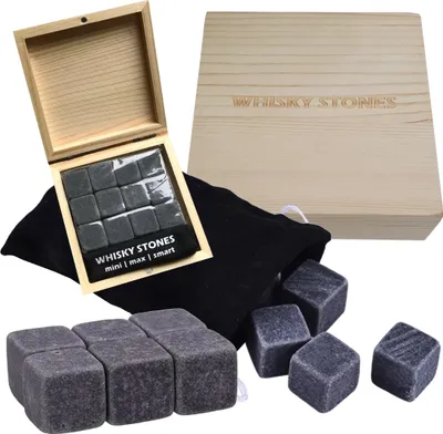 Produktbild von Kamienie lodowe kostki do whisky whiskey drewniane opakowanie 12 szt ZESTAW