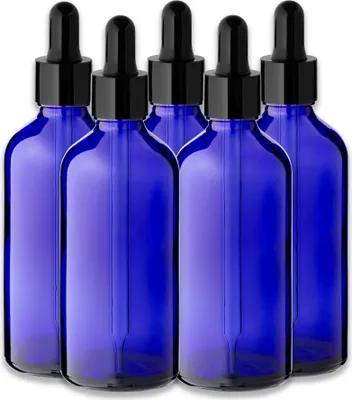 Produktbild von 5x Blaue Glasflasche 100 ml mit schwarzer Pipette Tropfflasche 18 mm