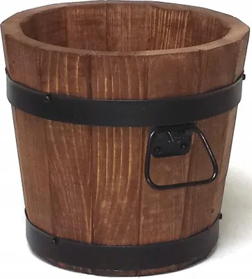 A wooden bucket with metal bands and a handle.