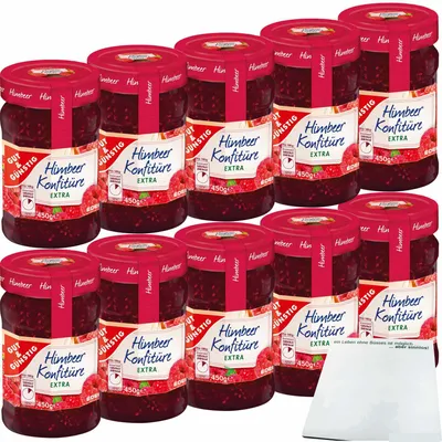 Produktbild von Gut & Günstig Himbeer Konfitüre extra ausgeprägter Himbeergeschmack und 50% Frucht 10er Pack (10x450g Glas) + usy Block