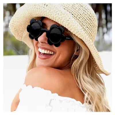 Produktbild von Sonnenbrille in Blumenform für Damen, randlose Herzbrille in Bonbonfarben, Herz-Sonnenbrille für Partygeschenke, UV400-Schutz, Schwarz