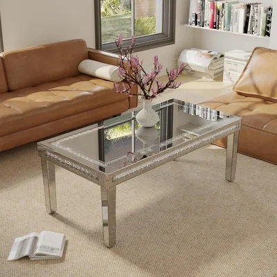 Image de Table basse rectangulaire, dimensions 120x60x45 cm, couleur argent, verre cristal, finition miroir