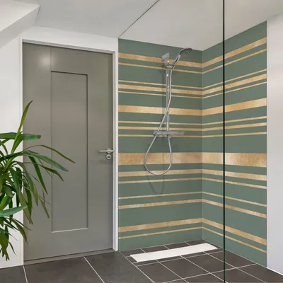 Produktbild von Duschrückwand Muster selbstklebend - 0.61 mm Wandpaneel wasserfest Streifen gold Badrückwand fugenlos  Premium matt 110x190 cm