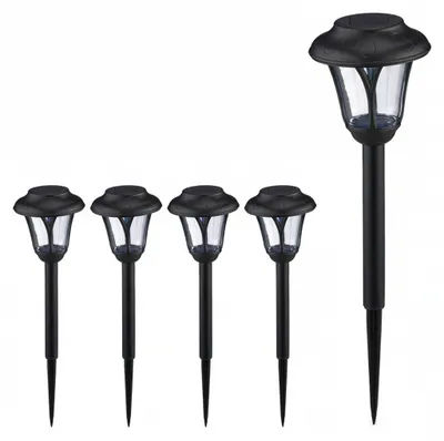 Image de Lot de 5 lampes solaires Relaxdays, lampes solaires à LED avec piquet, H x P : 39 x 11 cm, éclairage de jardin moderne, pour l'extérieur, noir