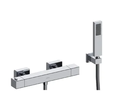 Produktbild von SANYCCES CUBO Brausebatterie mit Thermostat und Brausehalter, Handbrause & Brauseschlauch, chrom