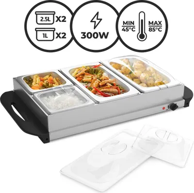 Produktbild von Jago® Buffetwärmer - 1er, elektrisch, mit Heizplattenfunktion, 2x2.5L+2x1L, Temperaturregler, Edelstahl - Warmhaltegerät, Speisewärmer, Warmhalteplatte, Warmhaltebehälter
