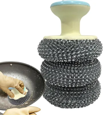 Image de Ensemble de brosses de nettoyage - Brosse abrasive - Nettoyage de la cuisine - Manche amovible - 8 x 12 cm - Trois têtes de brossage