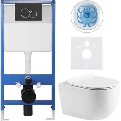 Produktbild von CERANO – Komplettes, wandhängendes WC-Set Lite/Felci – Weiß, glänzend – WC-Spültaste Duo, schwarz, matt – Vorwandinstallation – 52,5 x 36 cm