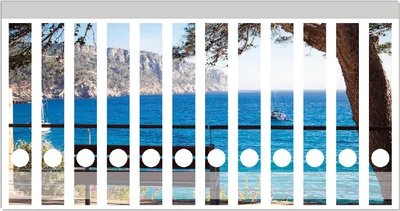 Produktbild von Wallario Ordnerrücken Sticker, selbstklebend für schmale Ordner, 12 Stück, Motiv Einsame Bank am Meer - Spanien im Sommer
