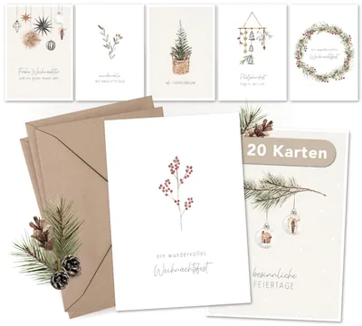 Weihnachtskarten-Set, 20 A6-Karten mit Umschlägen, Aquarell