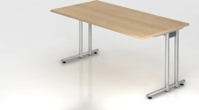 Produktbild von Schreibtisch Mauno | Eiche | BxT 160x80cm | Arbeitshöhe 72cm | höhenjustierbar 0-10 mm | C-Fuß-Gestell Silber | Rechteckform