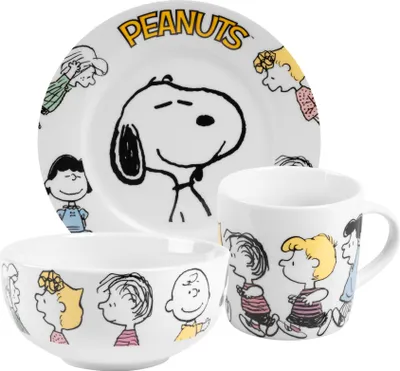Produktbild von The Peanuts Frühstücksset Snoopy - Family - Geschirr Set 3-teilig Teller, Schale & Tasse aus Porzellan Weiß