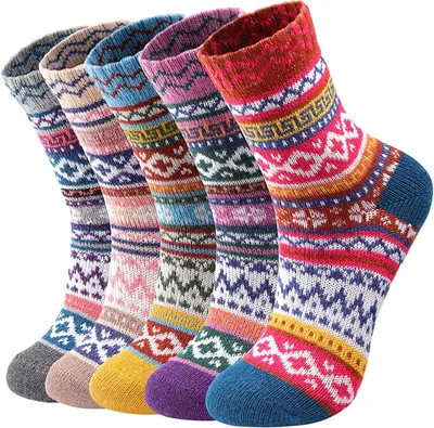 Produktbild von Thermosocken Damen – Warme Wollsocken, dicke Wintersocken aus Strick, bunte lustige Weihnachtssocken, 5 Paar, atmungsaktiv, EU 35–42, A0494 3 Paar