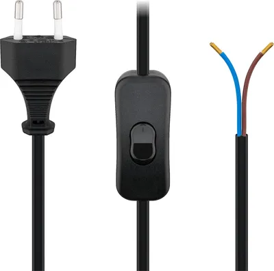 A black power cord with a plug, an inline switch, and exposed wires.