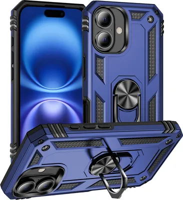 Immagine prodotto di Custodia per iPhone 16 a doppio strato robusta, protezione militare con supporto ad anello e supporto blu