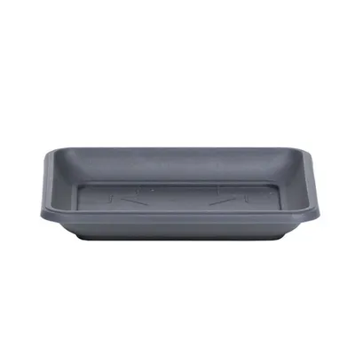 A dark gray rectangular plant saucer is shown against a white background.