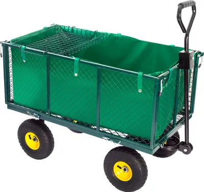 A green garden wagon with a black handle and yellow wheel hubs, shown against a white background.