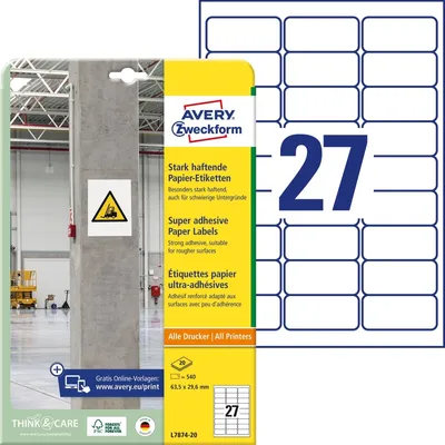 Obrázok produktu pre Avery L7874-20, Biela, Zaoblený obdĺžnik, Permanentný, Papája, 27 kusov, 20 listy