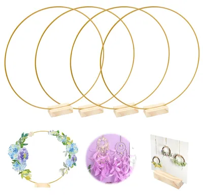 Immagine prodotto di Anello in metallo da 30 cm - Confezione da 4 pezzi - Anello decorativo con base - Supporto in legno - Ideale per progetti fai-da-te - Resistente alla ruggine e durevole