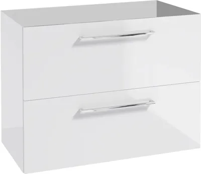 A white, high-gloss bathroom cabinet with two drawers and chrome handles, shown from the front on a white background.
