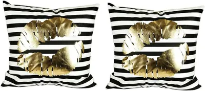 Productafbeelding van Twee kussenslopen 40x40 cm sofa kussen - strepen - vierkant decoratief kussen - gouden print - linnen - slaapkamer - home kiss - mond