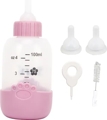 Image de 100 ml Bouteille de soin pour animaux de compagnie Modèle universel de patte Lait en silicone Kit d'alimentation pour chaton Rose
