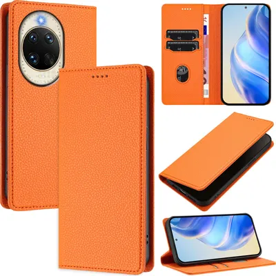 Produktbild von Litchi Leder Handyhülle für Huawei Nova 14 Wallet Kartenfächer Standfunktion Hülle Orange