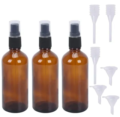 Imagen del producto de 3 botellas de 100 ml de color marrón, con boquilla dispensadora y embudo