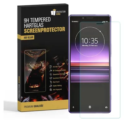 A product box for a screen protector is shown next to a smartphone with the screen protector applied.