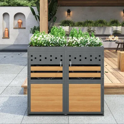Obrázek produktu pro Kontejner na odpadky – 132 x 80 x 125 cm, antracitová a šedá barva, pozinkovaná ocel, určený pro 2 kontejnery na odpadky, s prostorem pro rostliny, s větráním