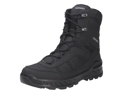 A black winter boot is shown against a white background.
