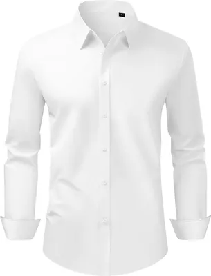 Imagen del producto de Camisa de hombre con botones, camisa de vestir de manga larga sin arrugas para hombre, corte ajustado, confeccionada con tejido suave y elástico, ideal para ocasiones formales o informales, trabajo, bodas, cenas. Color: blanco