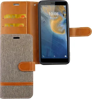 Produktbild von ZTE Blade A31 Tasche Handy Hülle Schutz-Cover Flip-Case mit Kartenfach, Farbe:Jeans Grau