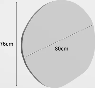 A gray, irregularly shaped mirror with dimensions indicated by text.